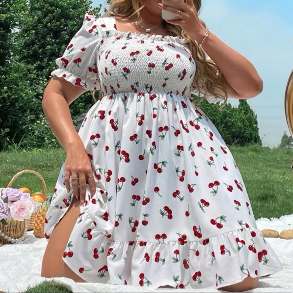 Boho Plus Size Off White Red Cherry Print Rockabilly Shirred Smocked Dress - Picture 4 of 6